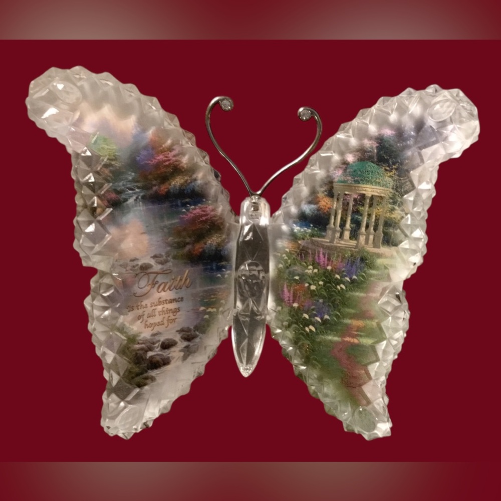 Thomas Kinkade Decorative Glass Butterfly Art - Clear with Multicolor Scene. NEW